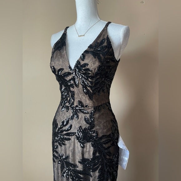 DRESS THE POPULATION | Black Sequin & Mesh Overlay Maxi Formal Gown Sz S - Picture 5 of 12